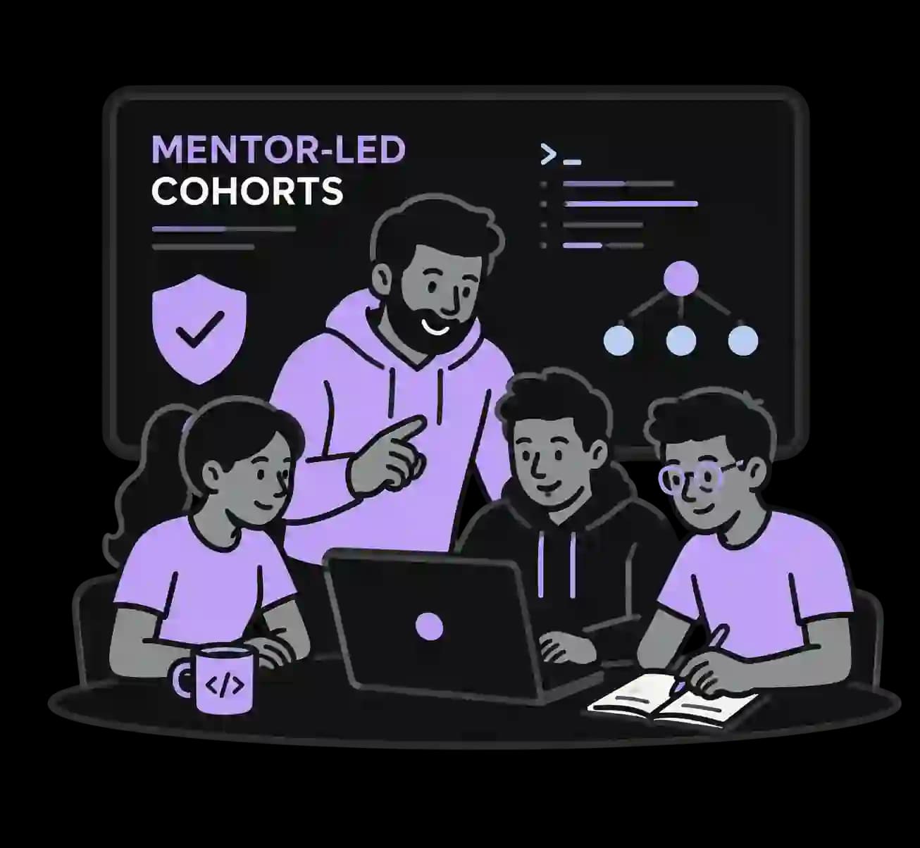 Illustration of a mentor guiding cybersecurity students around a laptop